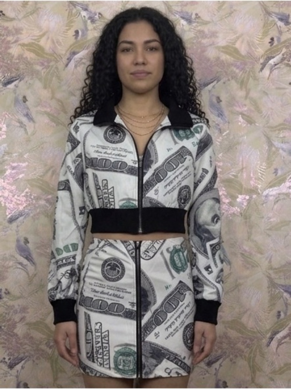 Fashion Nova Women's Money Print Cropped Jacket - White, Black, Green